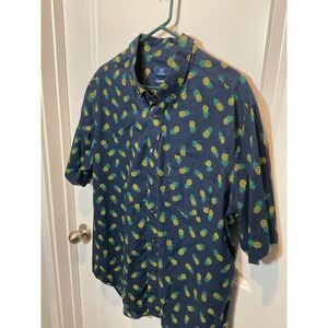 George Mens XL Navy Pineapple Print Short Sleeve‎ Button Up Shirt Golf Work